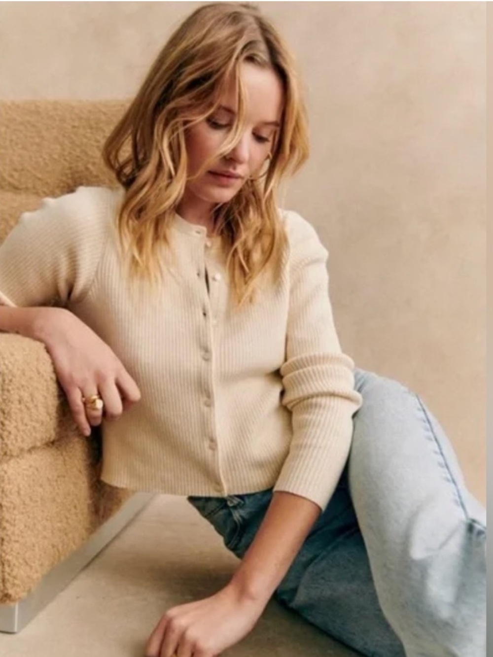 Sezane Kylie Fitted Cardigan Sweater Cotton Ecru Cream Large